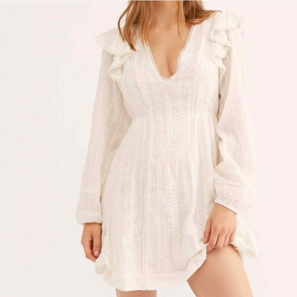 Free People Isabella Mini Ivory Long Sleeve Boho Dress 0